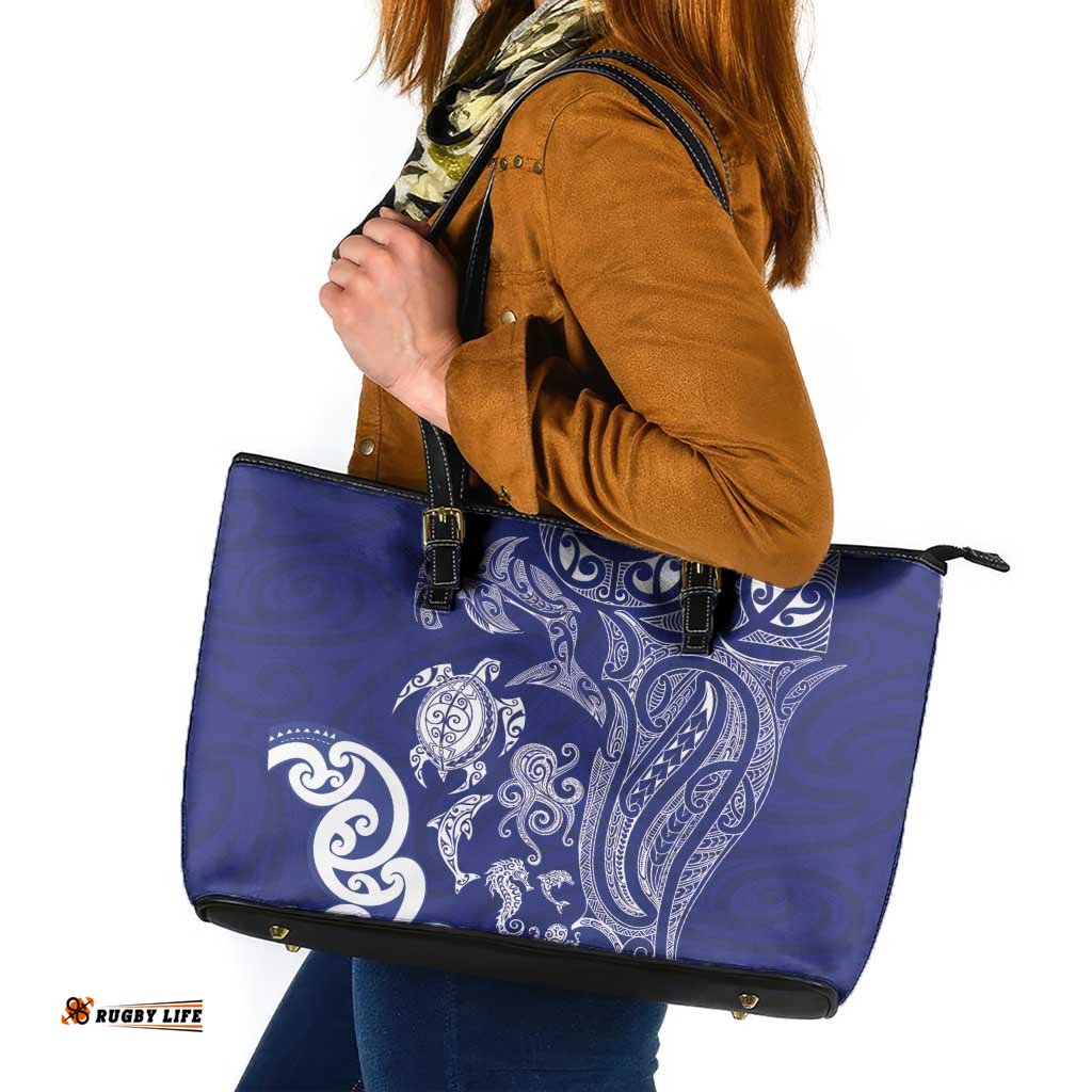 New Zealand Sea Animals with Maori Tribal Tattoo Leather Tote Bag Blue Color LT03