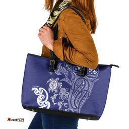 New Zealand Sea Animals with Maori Tribal Tattoo Leather Tote Bag Blue Color LT03