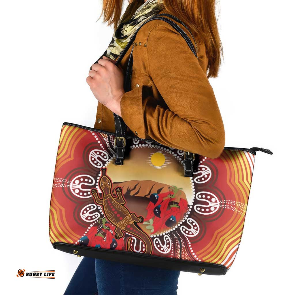 Indigenous Goanna Australia Leather Tote Bag Aussie Uluru Ayers Rock Sturt's Desert Pea LT14