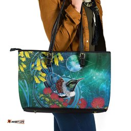 New Zealand Tui Bird Leather Tote Bag Maori Koru With Pohutukawa Galaxy Style LT05