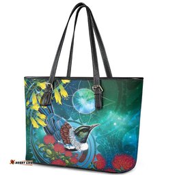 New Zealand Tui Bird Leather Tote Bag Maori Koru With Pohutukawa Galaxy Style LT05