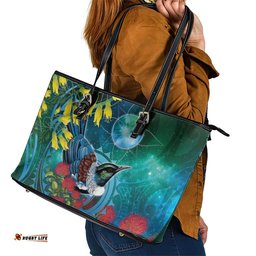 New Zealand Tui Bird Leather Tote Bag Maori Koru With Pohutukawa Galaxy Style LT05