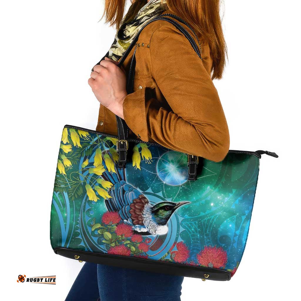 New Zealand Tui Bird Leather Tote Bag Maori Koru With Pohutukawa Galaxy Style LT05