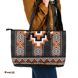Orange Taniko Pattern Aotearoa Leather Tote Bag Niho Taniwha Mix Poutama LT14