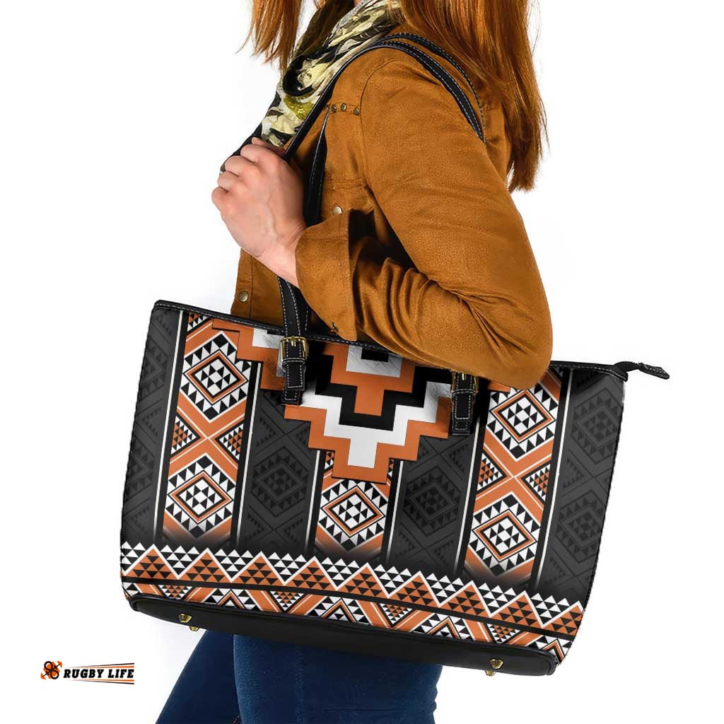 Orange Taniko Pattern Aotearoa Leather Tote Bag Niho Taniwha Mix Poutama LT14
