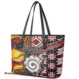 Personalised Aotearoa and Australia Together Leather Tote Bag Koru and Kangaroo - Taniko with Aboriginal Motif LT03