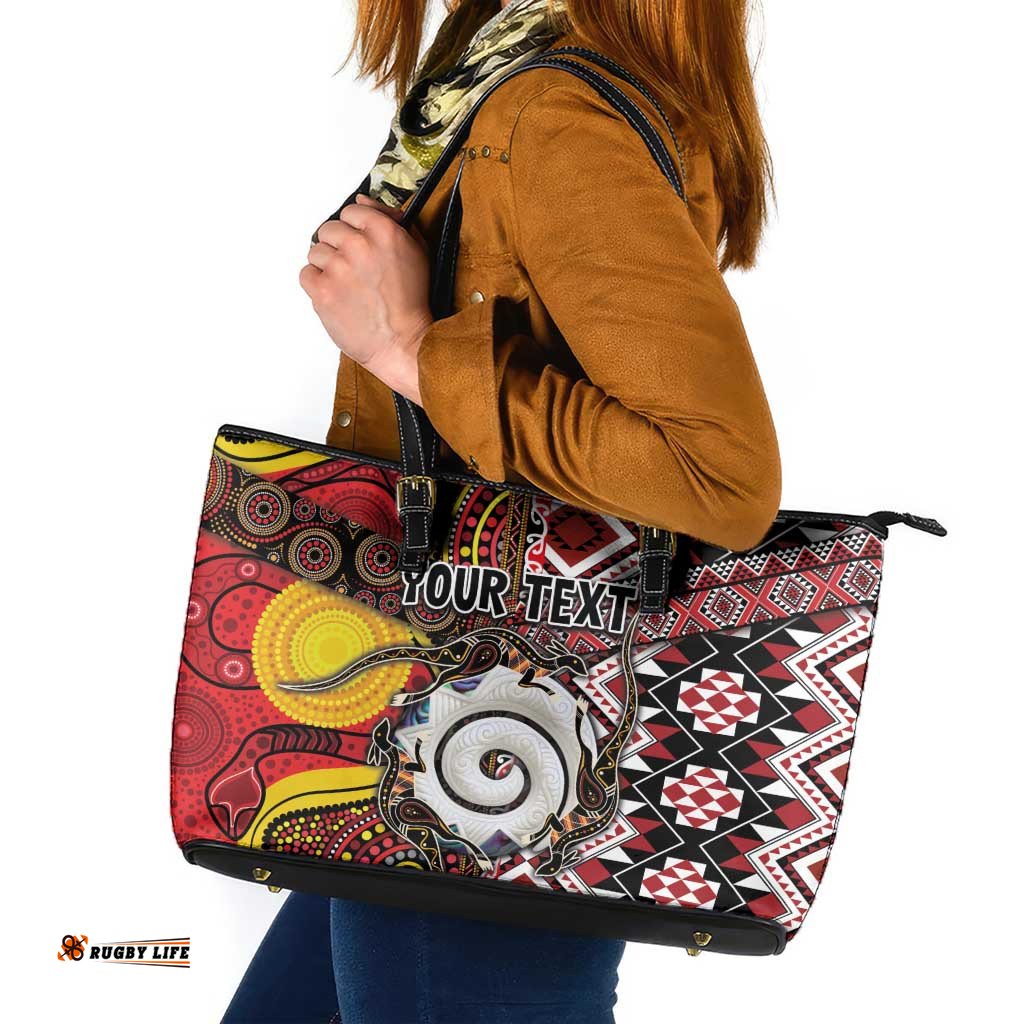 Personalised Aotearoa and Australia Together Leather Tote Bag Koru and Kangaroo - Taniko with Aboriginal Motif LT03