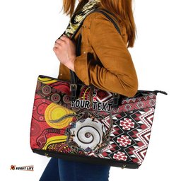 Personalised Aotearoa and Australia Together Leather Tote Bag Koru and Kangaroo - Taniko with Aboriginal Motif LT03