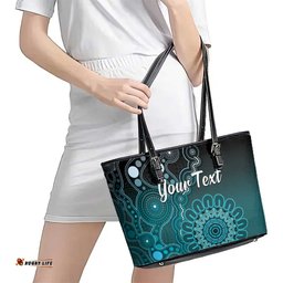 Personalised Ovarian Cancer Awareness Leather Tote Bag Teal Ribbon Aboriginal Art LT05