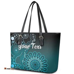 Personalised Ovarian Cancer Awareness Leather Tote Bag Teal Ribbon Aboriginal Art LT05