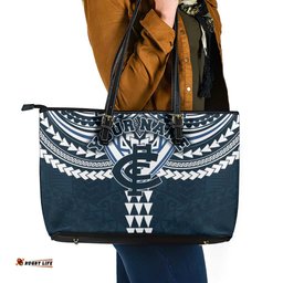 Personalized Carlton Blues Leather Tote Bag Polynesian Tribal Pattern Heritage Football TS04