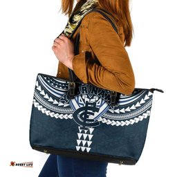 Personalized Carlton Blues Leather Tote Bag Polynesian Tribal Pattern Heritage Football TS04