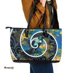 New Zealand Tui Bird Leather Tote Bag Maori Koru With Kowhai Flowers LT05