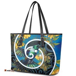 New Zealand Tui Bird Leather Tote Bag Maori Koru With Kowhai Flowers LT05