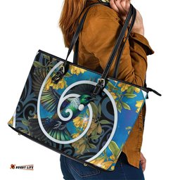 New Zealand Tui Bird Leather Tote Bag Maori Koru With Kowhai Flowers LT05