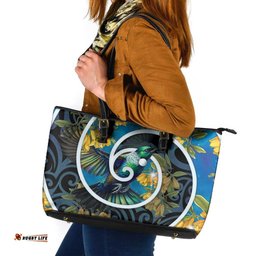 New Zealand Tui Bird Leather Tote Bag Maori Koru With Kowhai Flowers LT05