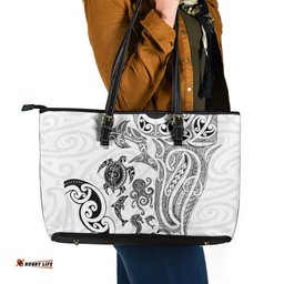 New Zealand Sea Animals with Maori Tribal Tattoo Leather Tote Bag White Color LT03