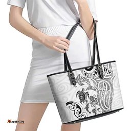New Zealand Sea Animals with Maori Tribal Tattoo Leather Tote Bag White Color LT03