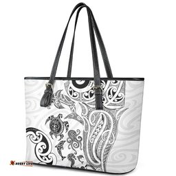 New Zealand Sea Animals with Maori Tribal Tattoo Leather Tote Bag White Color LT03