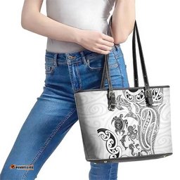 New Zealand Sea Animals with Maori Tribal Tattoo Leather Tote Bag White Color LT03