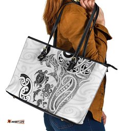 New Zealand Sea Animals with Maori Tribal Tattoo Leather Tote Bag White Color LT03