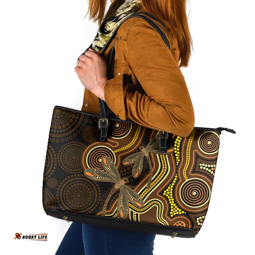 Orange Indigenous Dragonfly Australia Leather Tote Bag Aboriginal Art LT14