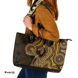 Orange Indigenous Dragonfly Australia Leather Tote Bag Aboriginal Art LT14