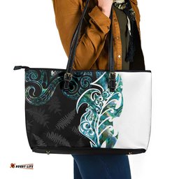 Proud Aotearoa Leather Tote Bag Maori Silver Fern Mix Paua Shell Pattern LT14