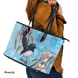 Willie wagtail Australia Leather Tote Bag Eucalyptus Blossoms Aboriginal Art LT14