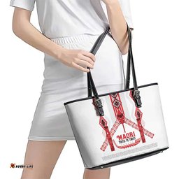 Toitu Te Tiriti Waitangi Leather Tote Bag White Wharenui House LT9