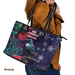 Tui Meri Kirihimete Personalised Leather Tote Bag Pohutukawa Flowers Blue Motif LT9