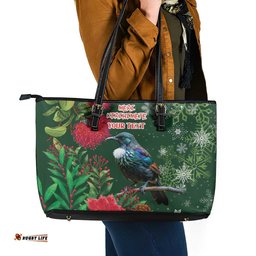 Tui Meri Kirihimete Personalised Leather Tote Bag Pohutukawa Flowers Green Motif LT9