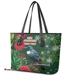Tui Meri Kirihimete Personalised Leather Tote Bag Pohutukawa Flowers Green Motif LT9
