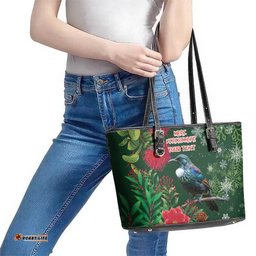 Tui Meri Kirihimete Personalised Leather Tote Bag Pohutukawa Flowers Green Motif LT9