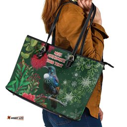 Tui Meri Kirihimete Personalised Leather Tote Bag Pohutukawa Flowers Green Motif LT9