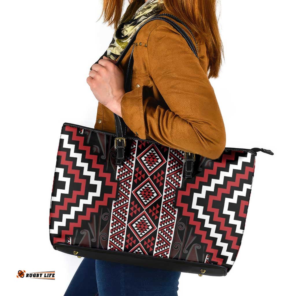 Red Tukutuku Pattern Aotearoa Leather Tote Bag Niho Taniwha and Puhoro Motifs LT7