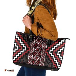 Red Tukutuku Pattern Aotearoa Leather Tote Bag Niho Taniwha and Puhoro Motifs LT7