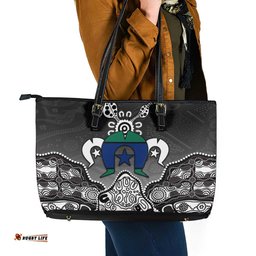 Torres Strait Islander Flag Leather Tote Bag Dhari Indigenous Dotwork Pattern Art TS04