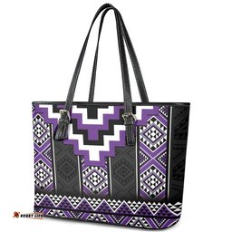 Purple Taniko Pattern Aotearoa Leather Tote Bag Niho Taniwha Mix Poutama LT14