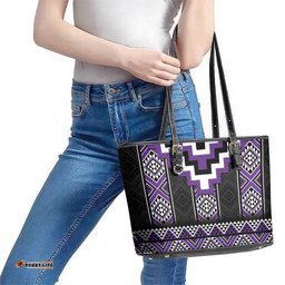 Purple Taniko Pattern Aotearoa Leather Tote Bag Niho Taniwha Mix Poutama LT14