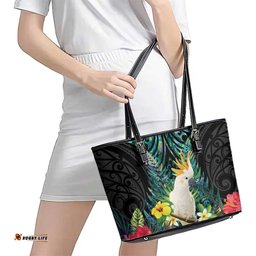 Sulphur-crested Cockatoo New Zealand Leather Tote Bag Paua Shell Aotearoa Maori Tropical Flowers LT14