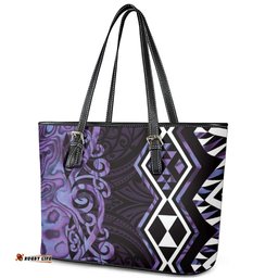 Purple Aotearoa Leather Tote Bag Taniko Motifs With Paua Shell Kowhaiwhai LT14