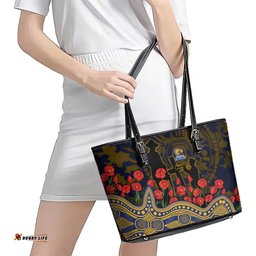 West Coast Eagles ANZAC Day Leather Tote Bag Indigenous Dot Art with Poppy Flower Tribute TS04
