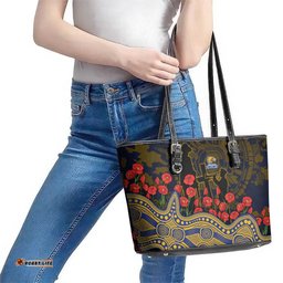 West Coast Eagles ANZAC Day Leather Tote Bag Indigenous Dot Art with Poppy Flower Tribute TS04