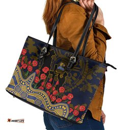 West Coast Eagles ANZAC Day Leather Tote Bag Indigenous Dot Art with Poppy Flower Tribute TS04
