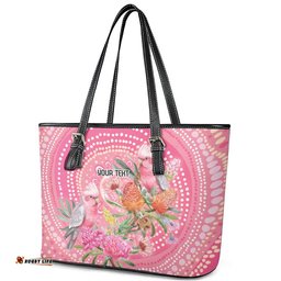 Personalized Pink Galah Aboriginal Dot Art Leather Tote Bag Australias Breast Cancer Awareness LT9