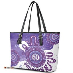 NAIDOC Week 2026 Leather Tote Bag 50 Years Deadly Dhari Purple Aboriginal Art LT14