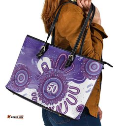 NAIDOC Week 2026 Leather Tote Bag 50 Years Deadly Dhari Purple Aboriginal Art LT14