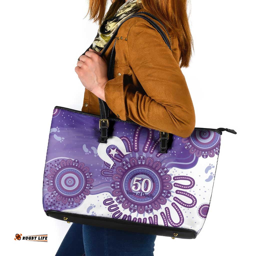 NAIDOC Week 2026 Leather Tote Bag 50 Years Deadly Dhari Purple Aboriginal Art LT14