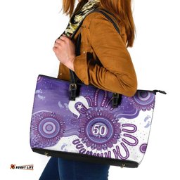 NAIDOC Week 2026 Leather Tote Bag 50 Years Deadly Dhari Purple Aboriginal Art LT14